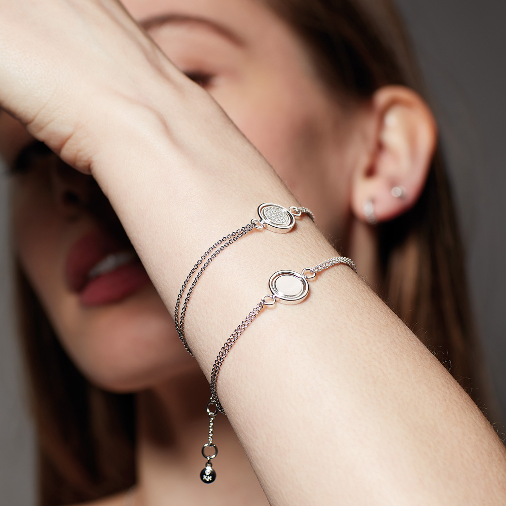 Sterling Silver Jewellery Collections by Kit Heath | New AW21 'Revival Eclipse Lux' Engravable Spinning Disc Bracelet in Rhodium Plated Sterling Silver