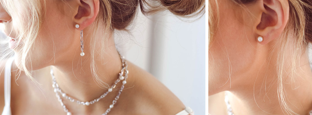 Astoria Figaro Pearl Multi-Wear Chain Link Earrings shown worn as studs only, and as drop earrings